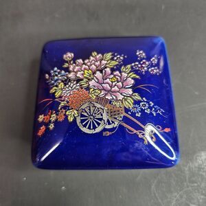 Vtg Japanese Cobalt Blue Square Trinket Jewelry Box Rickshaw Chrysanthemum 3"